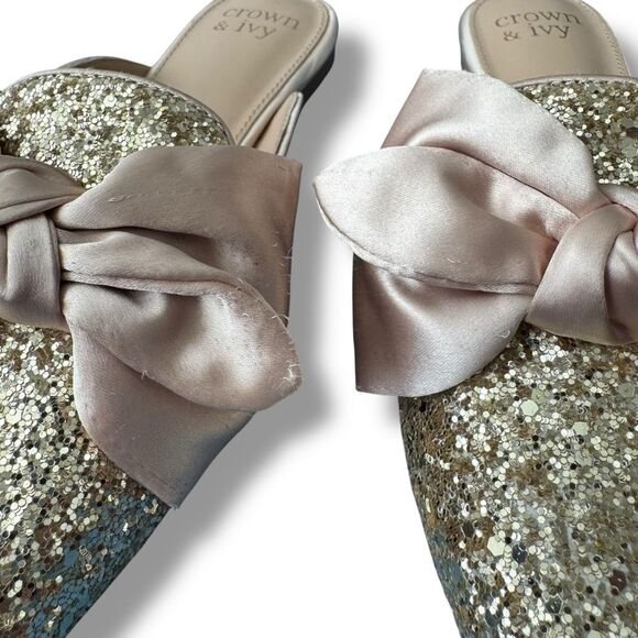 Crown & Ivy Elise Bow Glitter Mules Slip On Flats Size 6 - Picture 5 of 11
